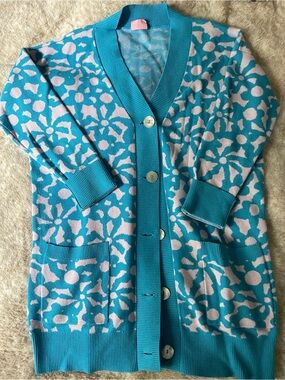 Ban.do Turquoise and Light Pink Patterned V-Neck Long Cardigan Sweater
